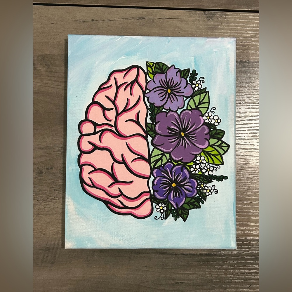 Hand-Painted Half Brain & Half Flower 8x10” Canvas Painting